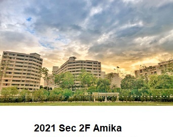 Residential apartment buildings and trees beneath a dramatic cloudy sunset sky.